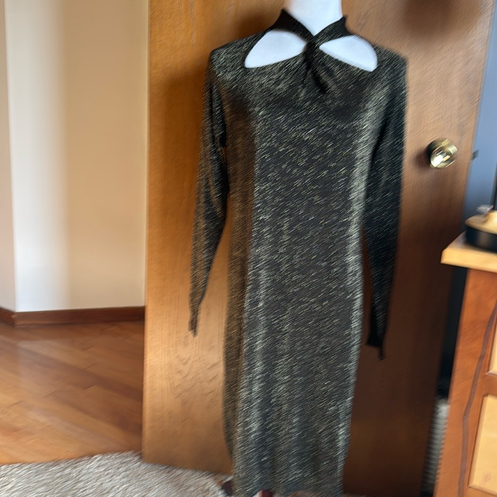 MICHAEL KORS Womens Lurex Twist Neck Dress Long Sleeve Black/gold shimmer Size L